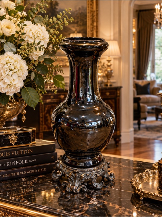 Othee Other - LUXE Vintage Black Ceramic Vase w/ Ornate Cast Iron Base | Statement Deco + A 🎁